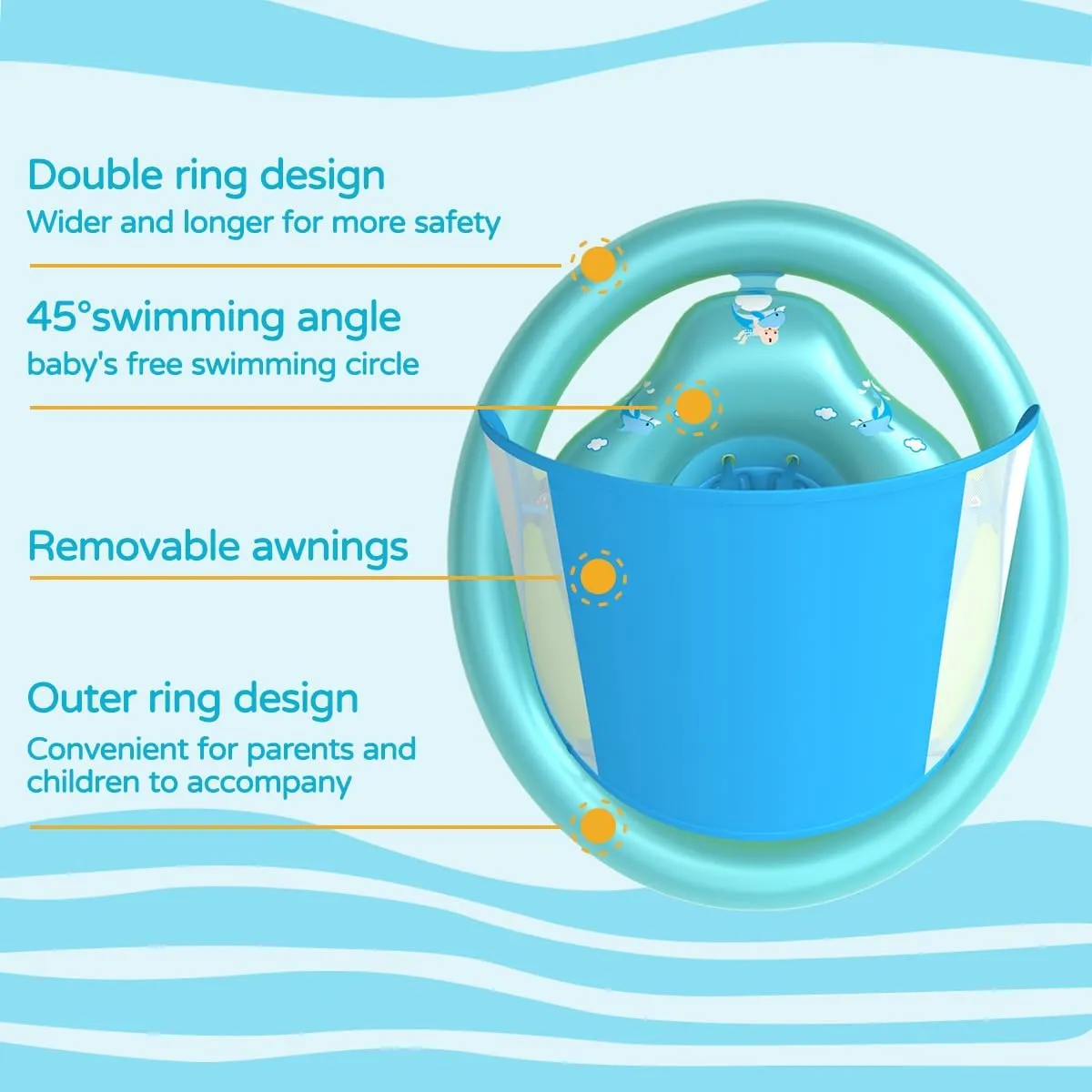 | Sun Canopy Baby Swimming Float, Widend Dual Air Chambers Anti-Roll and Anti-Flip Design, Toddler Pool Float with Adjustable Seat is for Baby 6-36 Months