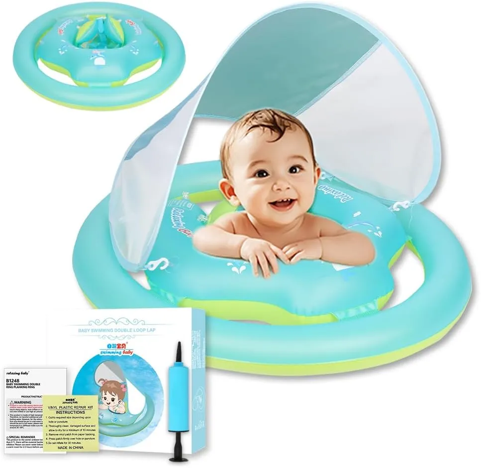 | Sun Canopy Baby Swimming Float, Widend Dual Air Chambers Anti-Roll and Anti-Flip Design, Toddler Pool Float with Adjustable Seat is for Baby 6-36 Months