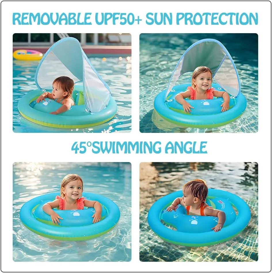| Sun Canopy Baby Swimming Float, Widend Dual Air Chambers Anti-Roll and Anti-Flip Design, Toddler Pool Float with Adjustable Seat is for Baby 6-36 Months