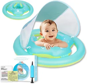 | Sun Canopy Baby Swimming Float, Widend Dual Air Chambers Anti-Roll and Anti-Flip Design, Toddler Pool Float with Adjustable Seat is for Baby 6-36 Months