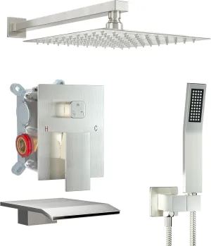 10 Inch Shower Faucet Set with Tub Spout Wall Mounted Shower System for Bathroom with High Pressure 10 Inch Rain Shower head and Handheld Shower Head Set, Brushed Nickel