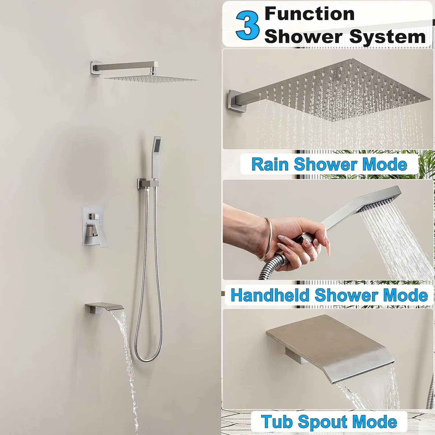 10 Inch Shower Faucet Set with Tub Spout Wall Mounted Shower System for Bathroom with High Pressure 10 Inch Rain Shower head and Handheld Shower Head Set, Brushed Nickel