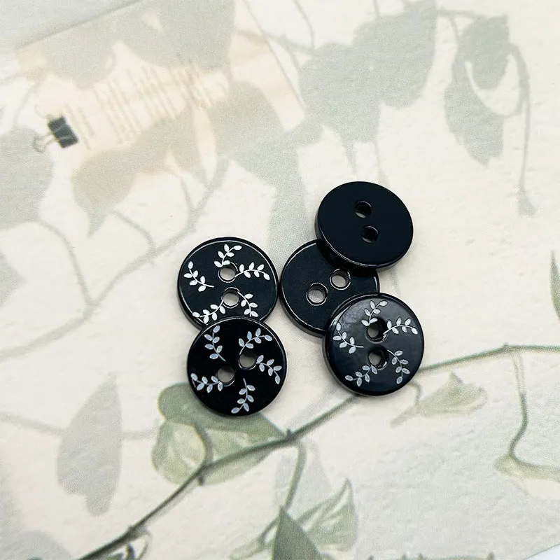 11.5mm Round 2-Hole Vintage Willow Leaf Pattern Black Shell Flat Buttons 40PCS