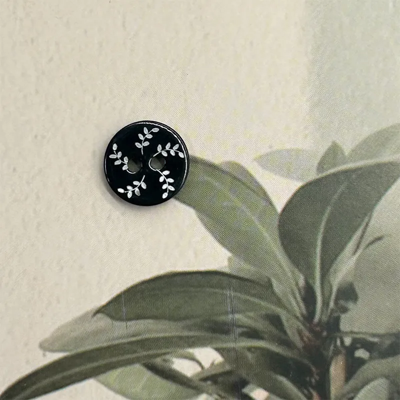 11.5mm Round 2-Hole Vintage Willow Leaf Pattern Black Shell Flat Buttons 40PCS