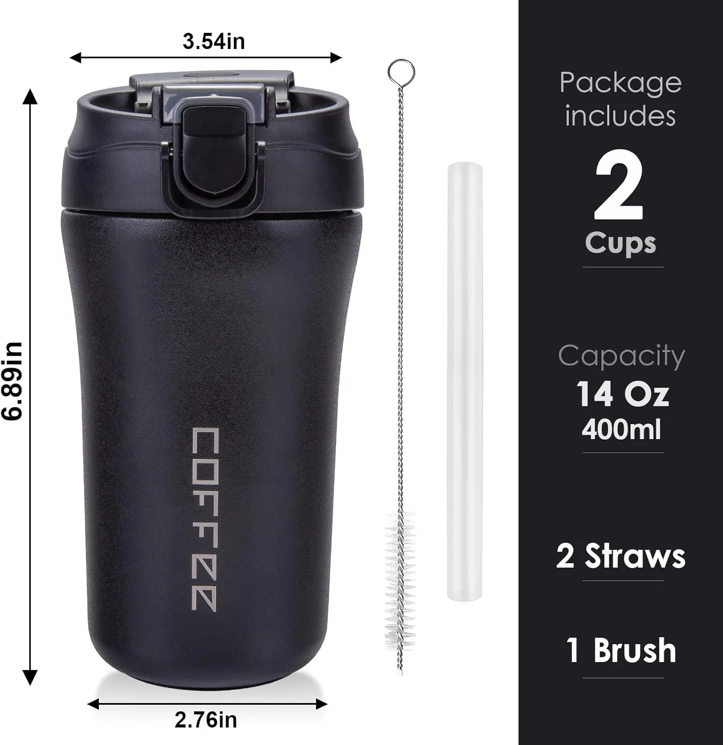 14 oz Travel Coffee Mug, 2 Pack Vacuum Insulated Coffee Travel Mug Spill Proof with Lid and Straw, Stainless Steel Reusable Coffee Tumbler for Hot and Cold Drinks, Gift for Men and Women(Black White)
