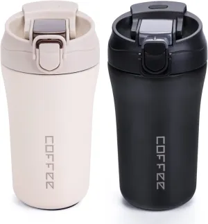 14 oz Travel Coffee Mug, 2 Pack Vacuum Insulated Coffee Travel Mug Spill Proof with Lid and Straw, Stainless Steel Reusable Coffee Tumbler for Hot and Cold Drinks, Gift for Men and Women(Black White)