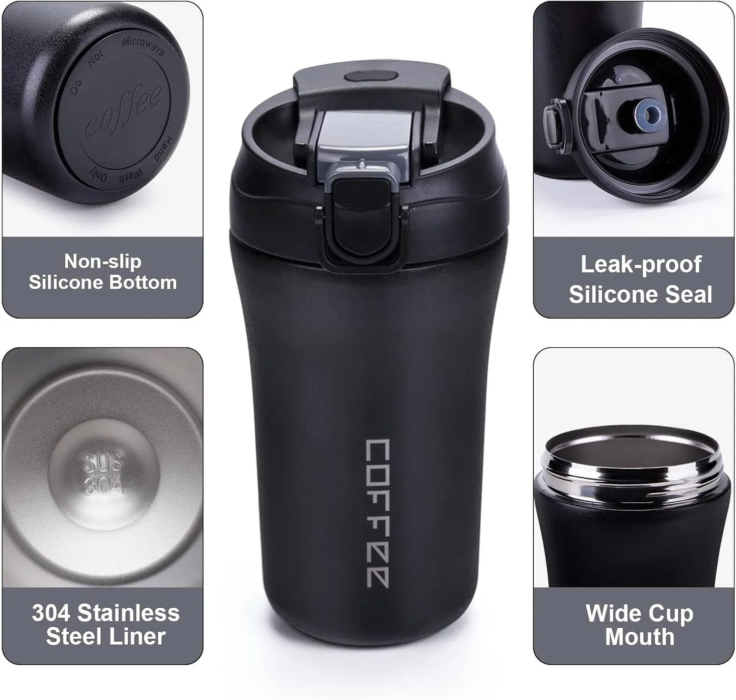 14 oz Travel Coffee Mug, 2 Pack Vacuum Insulated Coffee Travel Mug Spill Proof with Lid and Straw, Stainless Steel Reusable Coffee Tumbler for Hot and Cold Drinks, Gift for Men and Women(Black White)
