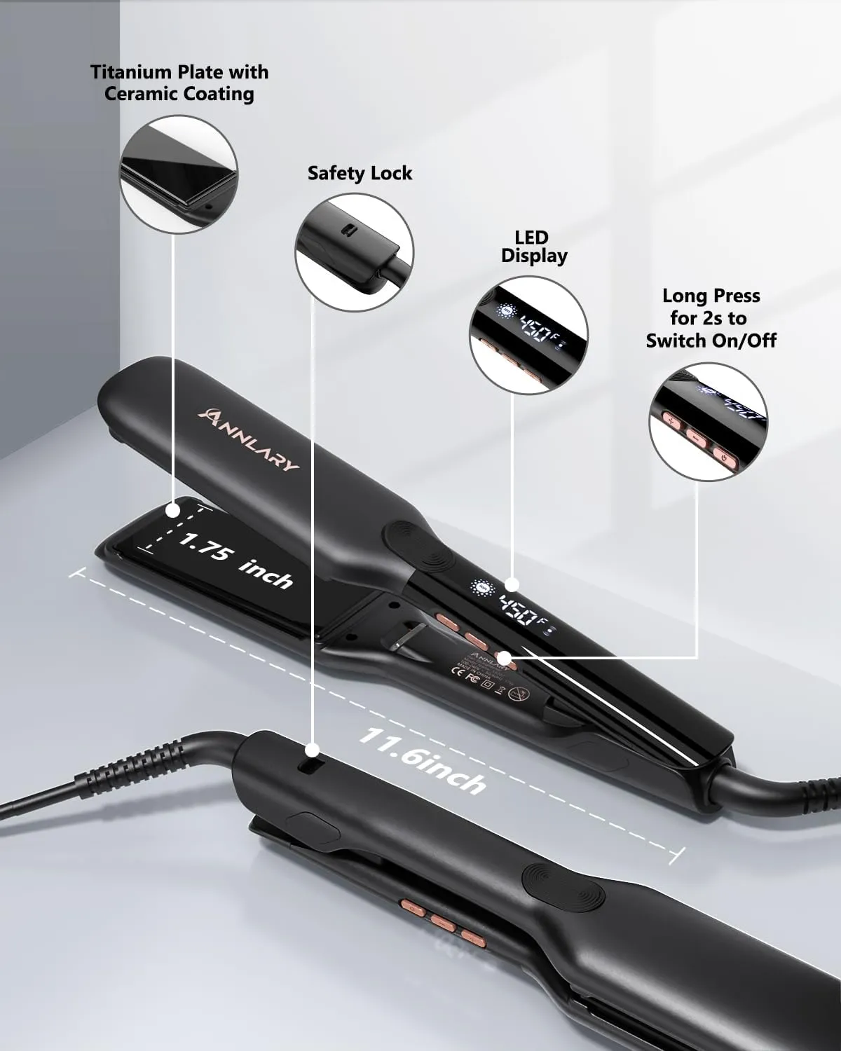 1.75 Inch Hair Straightener, Professional Titanium Plate with Ceramic Coating Ionic Dual Voltage Flat Iron with Anti-Iron Silicone for Less Frizz, Shinier & Smoother Hair