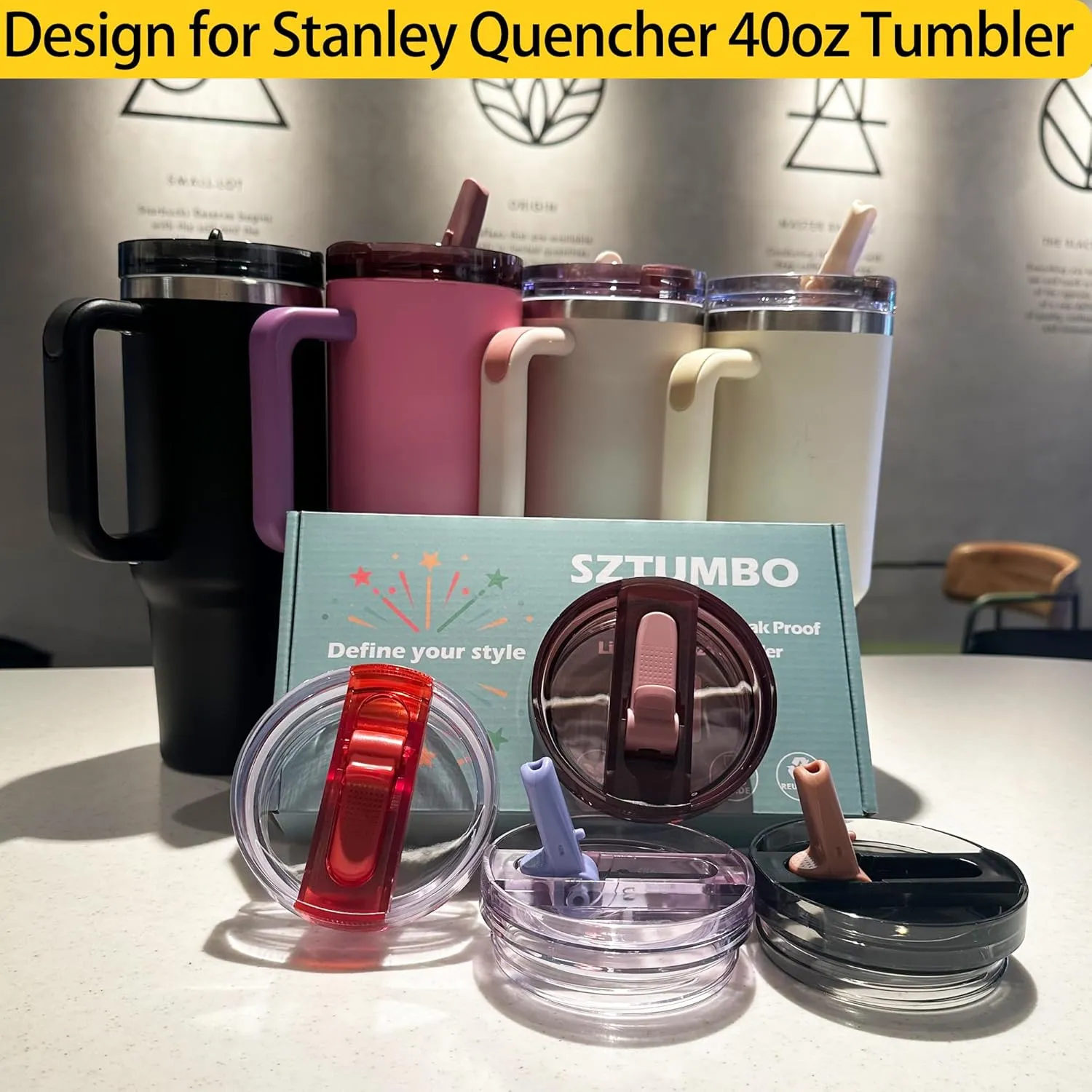 2 Pcs Detachable Flip Straw Lid for Stanley 40oz Quencher ProTour,100% Leak-proof Lid for Stanely 40oz Cup Accessories,Spill Proof and Splash Resistant Tumbler Cover(Black-Camel)