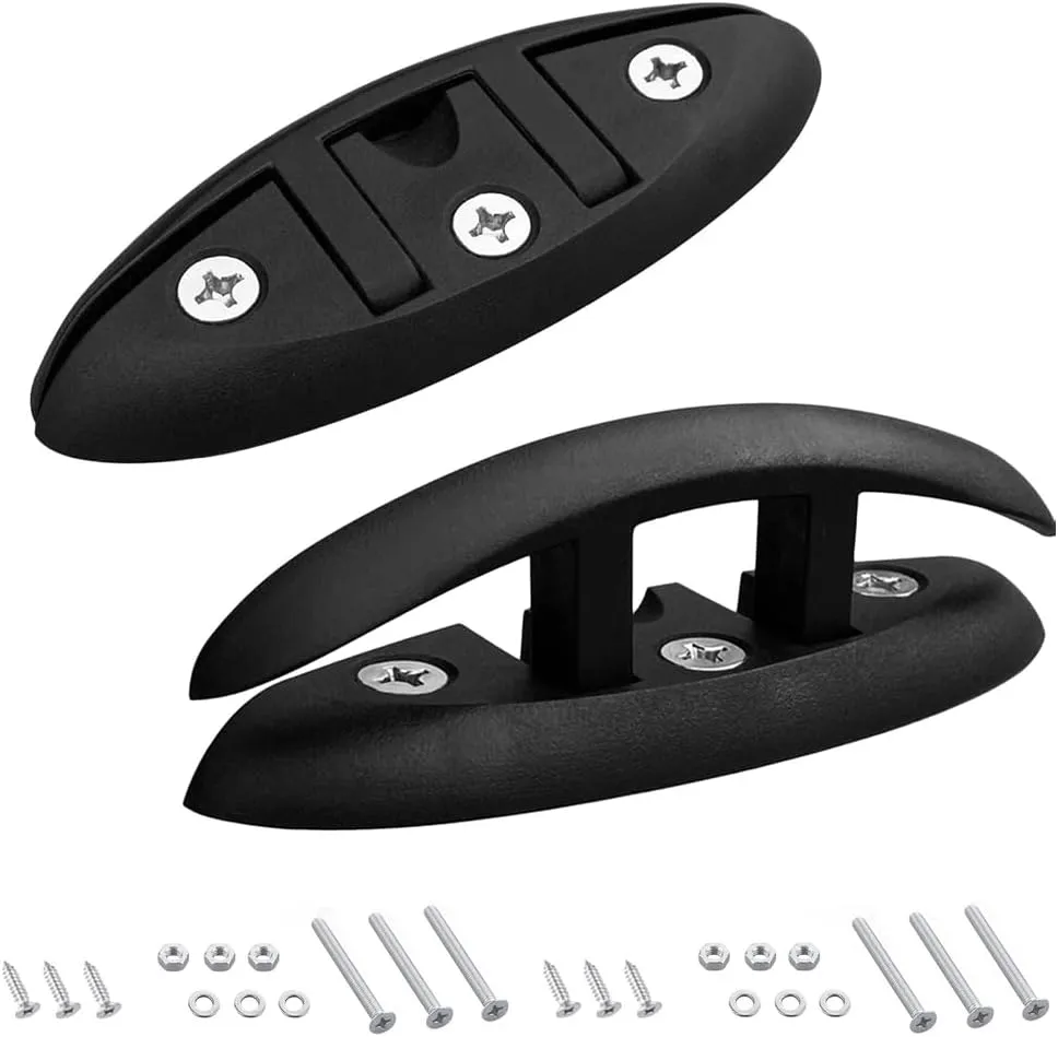 2PCS Folding Flip Up Boat Cleats with Mouting Accessories, 5 Inch Nylon Marine Dock Cleats Rope Cleat Fasten Rope Kit for Marine Boat Black