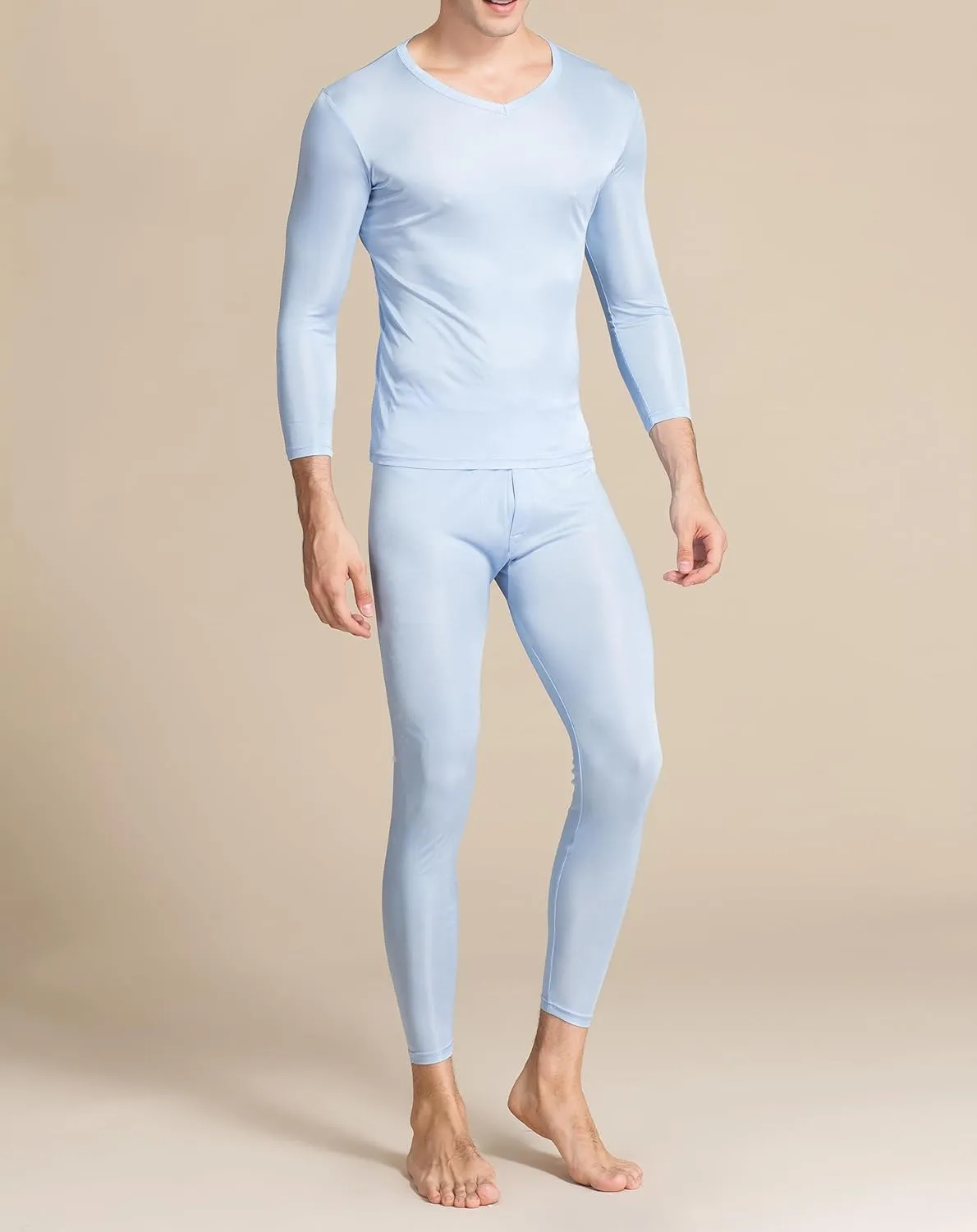 2Pcs Mens Pure Silk Winter Thermal Set Soft Underwear Base Longsleeve Johns Set Crew V Neck Silk Shirt Pants