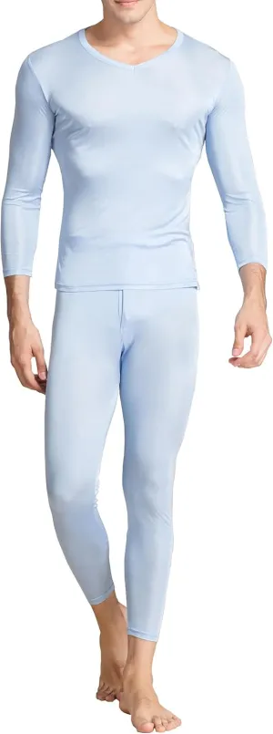 2Pcs Mens Pure Silk Winter Thermal Set Soft Underwear Base Longsleeve Johns Set Crew V Neck Silk Shirt Pants