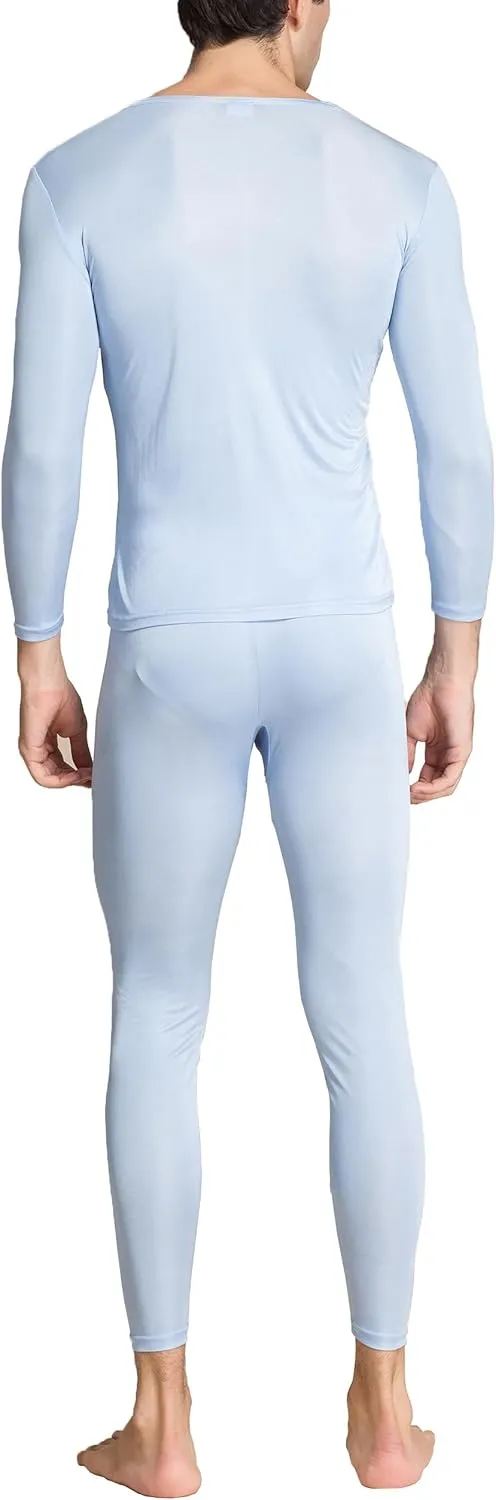 2Pcs Mens Pure Silk Winter Thermal Set Soft Underwear Base Longsleeve Johns Set Crew V Neck Silk Shirt Pants