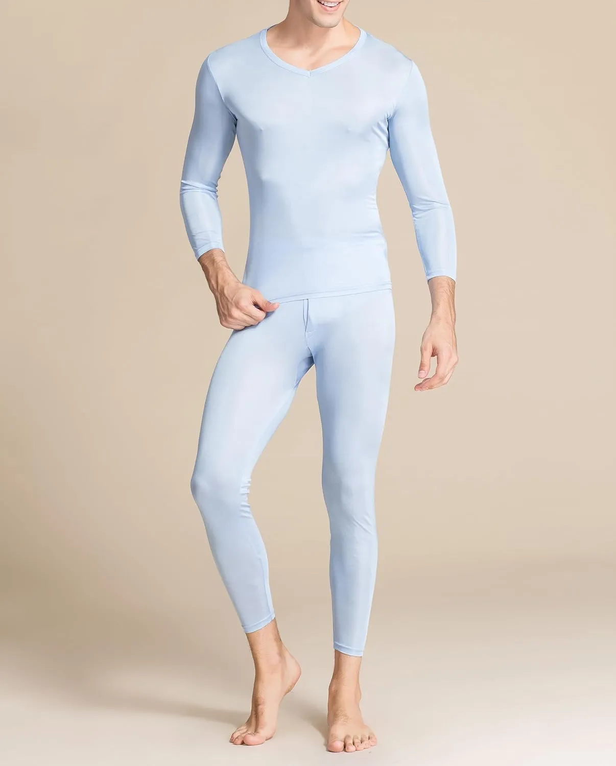 2Pcs Mens Pure Silk Winter Thermal Set Soft Underwear Base Longsleeve Johns Set Crew V Neck Silk Shirt Pants