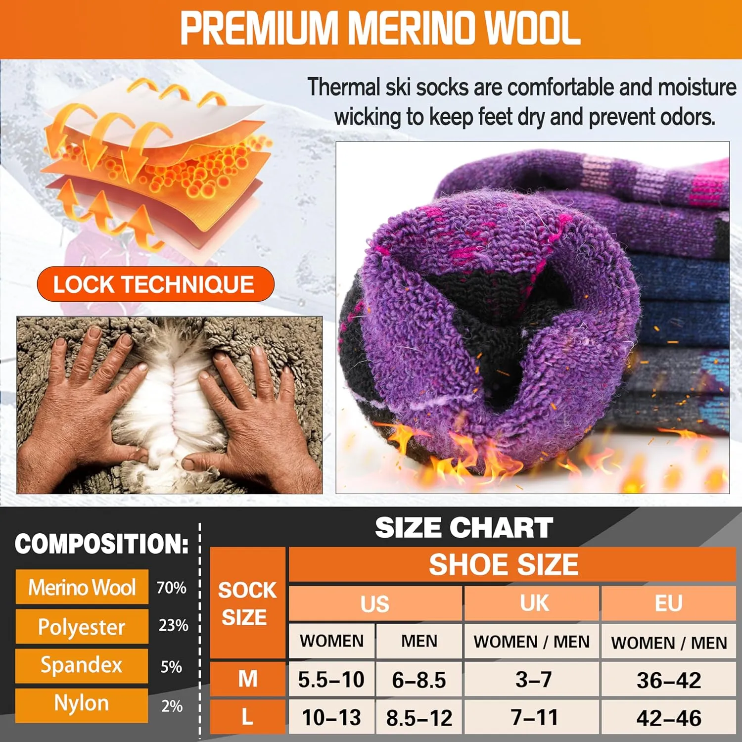 3 Pairs Merino Wool Ski Socks for Womens Mens Thermal Winter Warm Thick Knee High Socks for Skiing Snowboarding