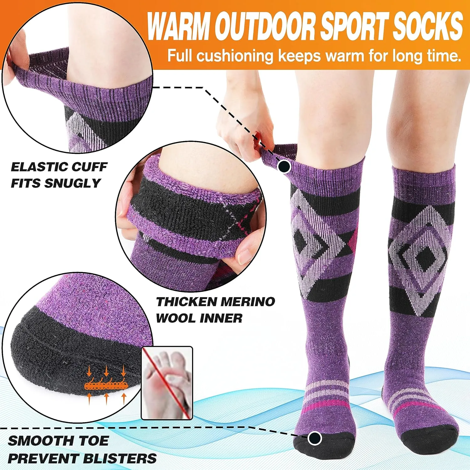 3 Pairs Merino Wool Ski Socks for Womens Mens Thermal Winter Warm Thick Knee High Socks for Skiing Snowboarding