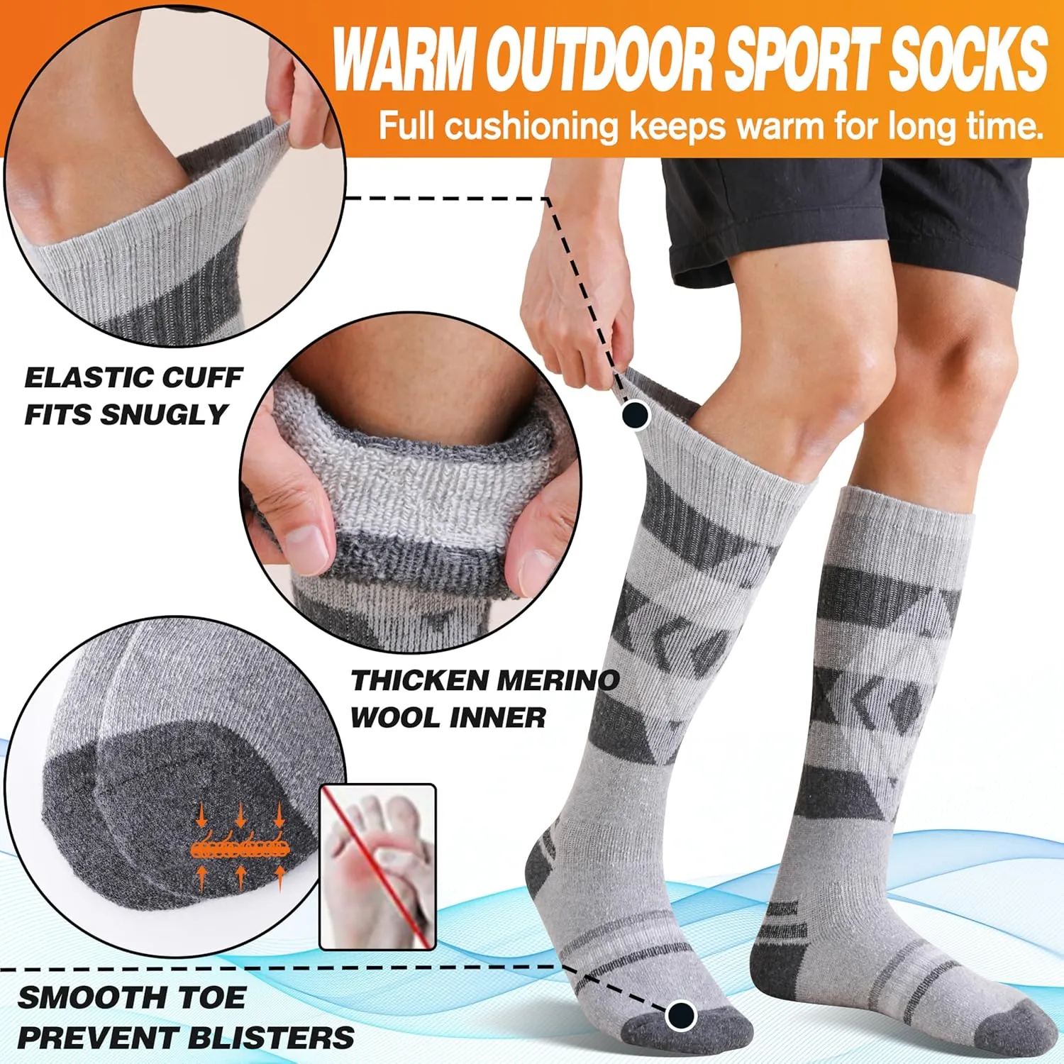 3 Pairs Merino Wool Ski Socks for Womens Mens Thermal Winter Warm Thick Knee High Socks for Skiing Snowboarding