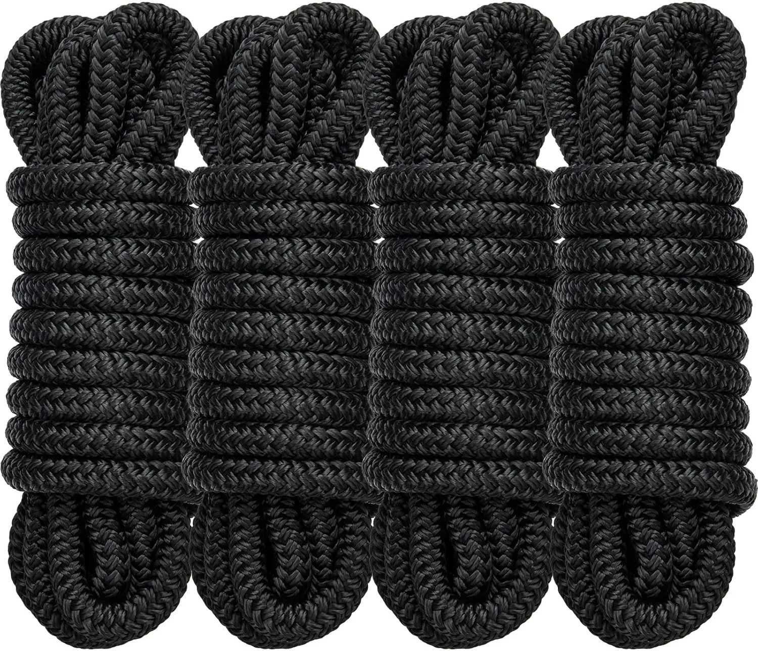 4 Pack 1/2" x 15’ Boat Dock Lines for Boat & Pontoon, Premium Marine- Grade Double Braided Nylon Dock Line, Pre-Spliced with a 12" Eyelet-Black,Boating Gifts for Men