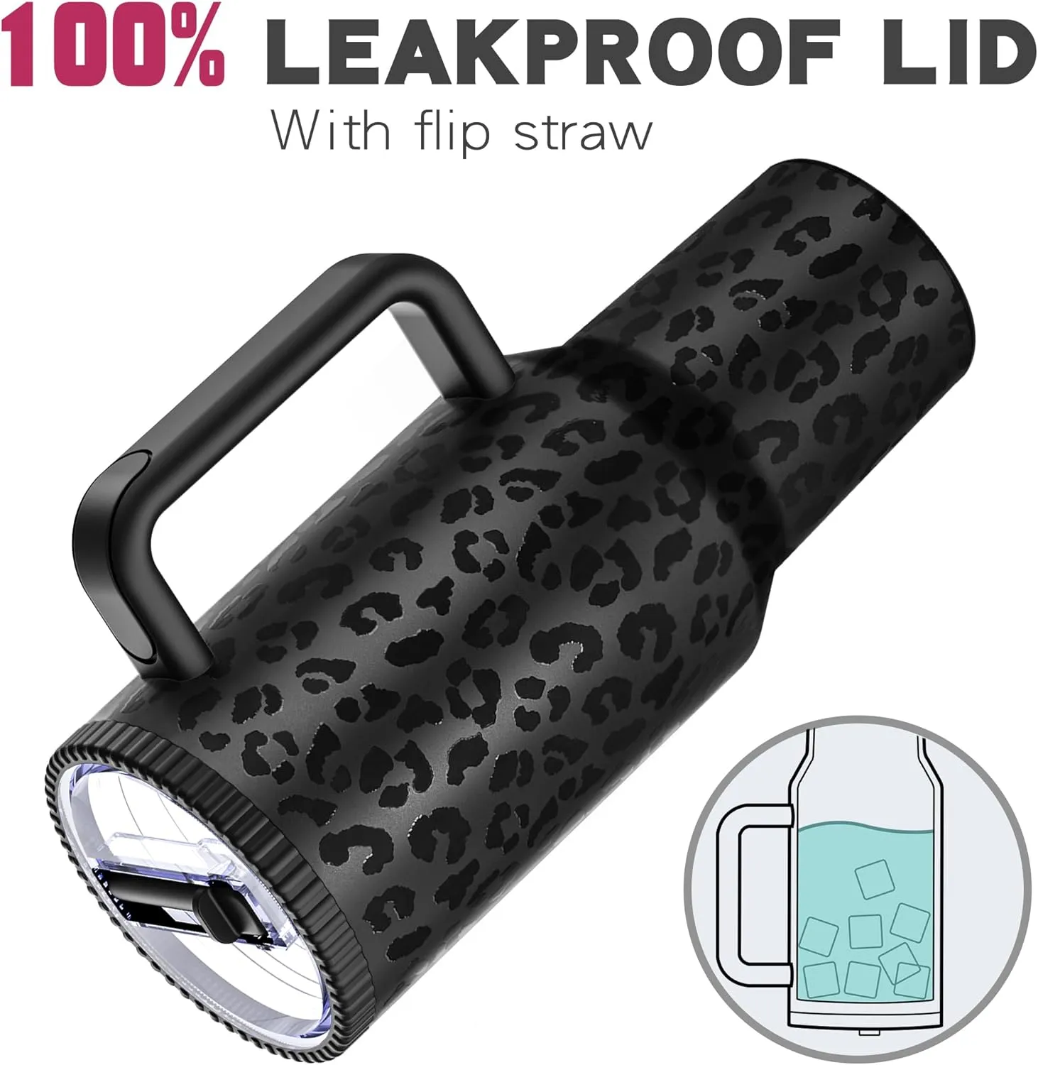 40 oz Tumbler with Handle and Flip Straw Lid - Upgraded Greatyos Traveler 40oz Tumblers with Lids Straws Vacuum Insulated Leak Proof Stainless Steel Cup Mug Gifts for Men Women Him Her (Black Leopard)
