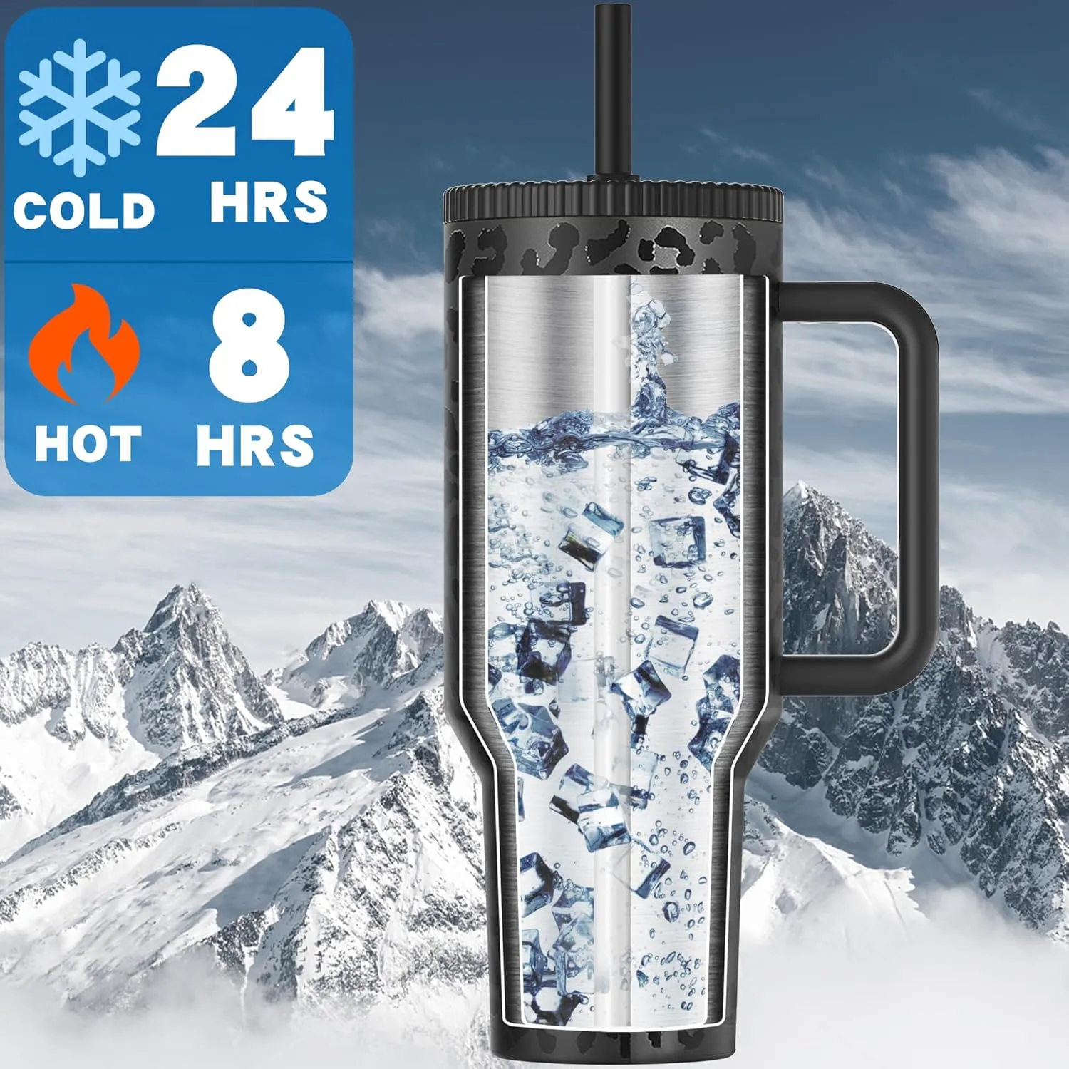 40 oz Tumbler with Handle and Flip Straw Lid - Upgraded Greatyos Traveler 40oz Tumblers with Lids Straws Vacuum Insulated Leak Proof Stainless Steel Cup Mug Gifts for Men Women Him Her (Black Leopard)