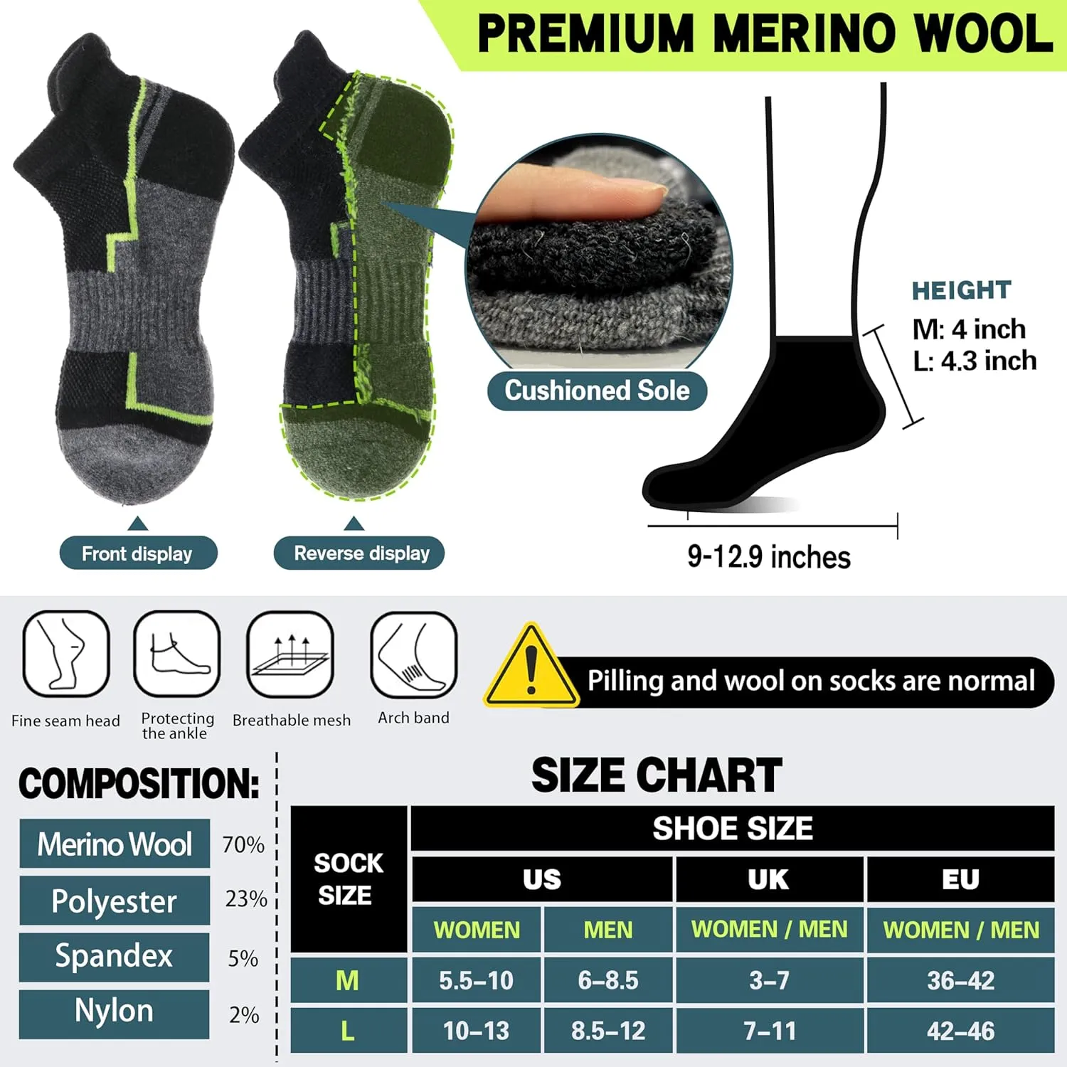 6 Pairs Merino Wool Ankle Hiking Running Socks Compression Support Thick Athletic Low Cut Socks for Women Men
