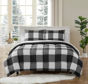 7 Piece Comforter Set Bag Solid Color All Season Soft Down Alternative Blanket & Luxurious Microfiber Bed Sheets, Queen, Buffalo Plaid Black/White