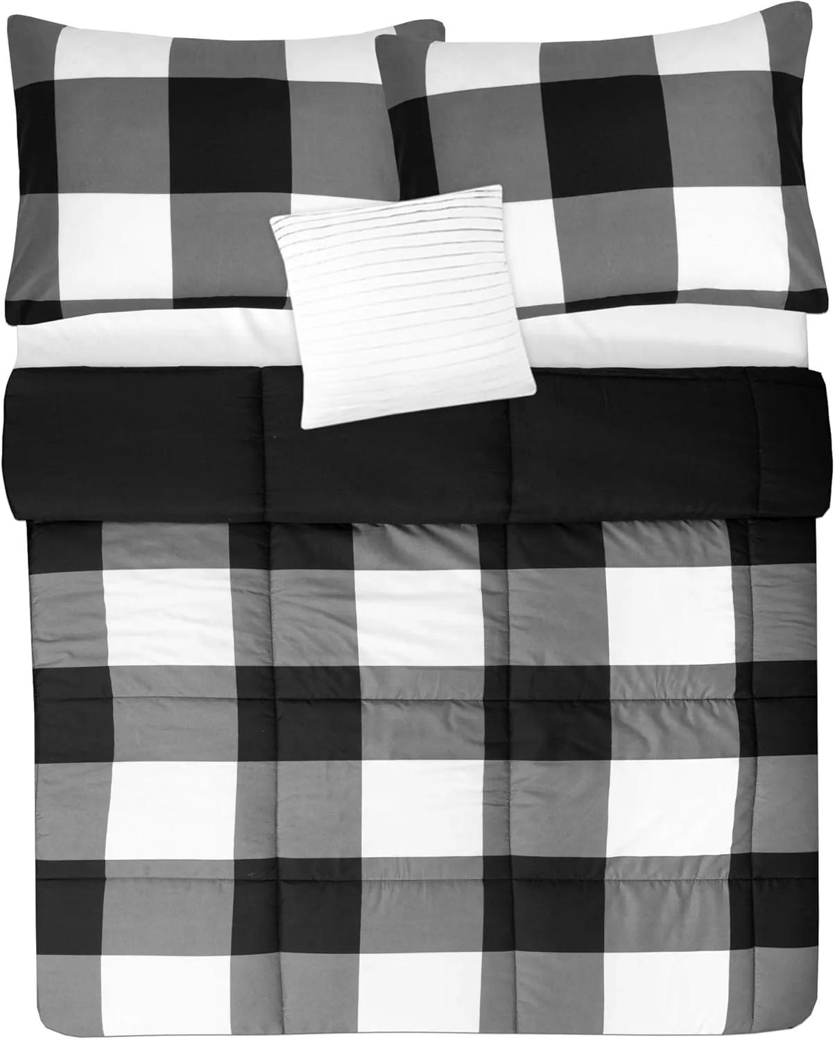 7 Piece Comforter Set Bag Solid Color All Season Soft Down Alternative Blanket & Luxurious Microfiber Bed Sheets, Queen, Buffalo Plaid Black/White