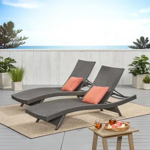 79" Poolside Ergonomic Rattan Chaise Set of 2, Outdoor Dual Adjustable Lounger Set, Sleek Patio Comfy Lounge Chair with 5-Position Adjustable Backrest & Fold-Flat Legs for Beach Deck Pool Yard, Grey