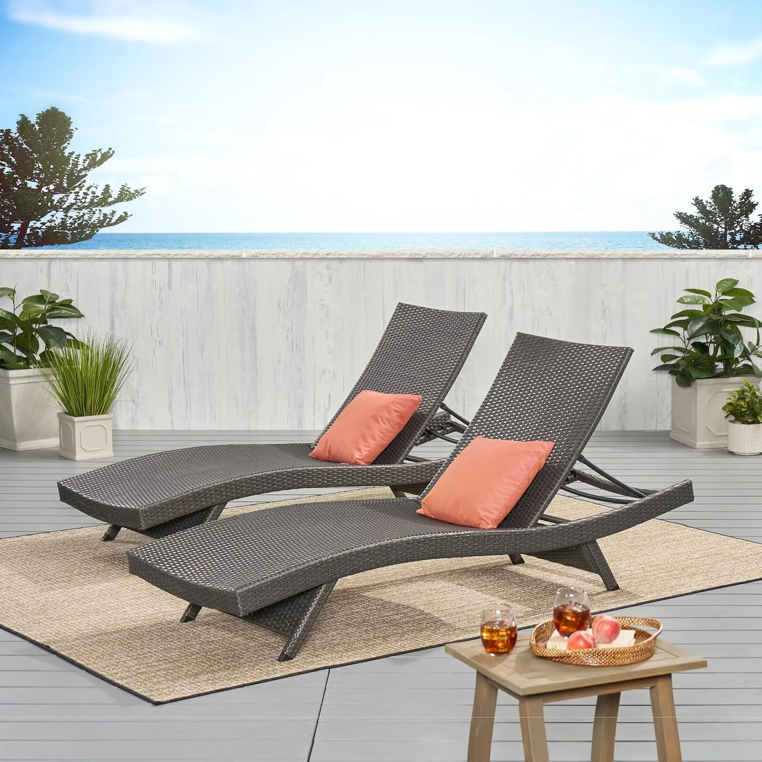 79" Poolside Ergonomic Rattan Chaise Set of 2, Outdoor Dual Adjustable Lounger Set, Sleek Patio Comfy Lounge Chair with 5-Position Adjustable Backrest & Fold-Flat Legs for Beach Deck Pool Yard, Grey