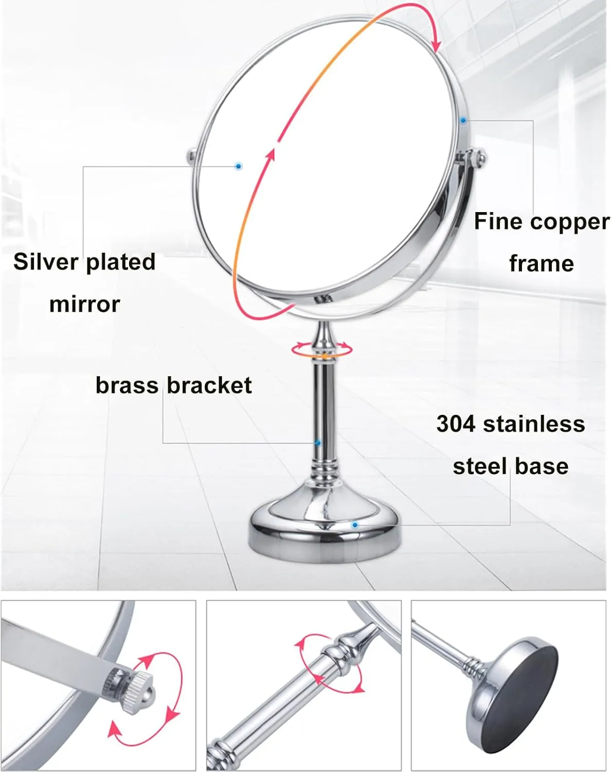 8 Inch Tabletop Standing Makeup Mirror, 2 Sided Rotated Magnifying Vanity Mirror, Countertop Round Brass Chrome HD Shaving Mirror,B,3X