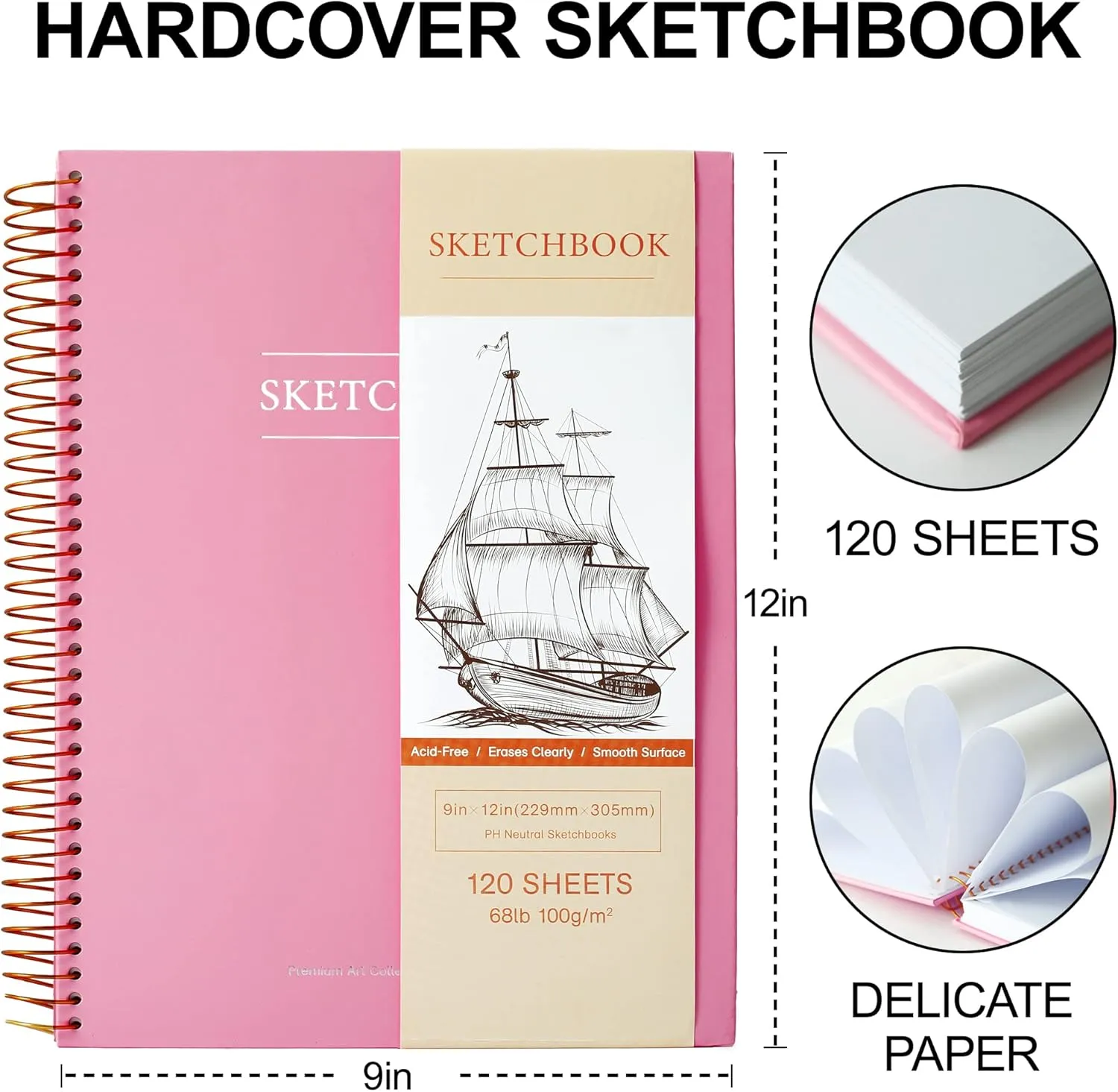 9 x 12 inches Hardcover Sketchbook for Drawing 120 Sheets Spiral Bound Sketch Pad Premium Art Sketchbook Artistic Drawing Painting Writing Paper(68lb/100gsm) for Kids Adults Beginners Artists, Pink