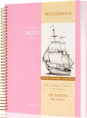 9 x 12 inches Hardcover Sketchbook for Drawing 120 Sheets Spiral Bound Sketch Pad Premium Art Sketchbook Artistic Drawing Painting Writing Paper(68lb/100gsm) for Kids Adults Beginners Artists, Pink
