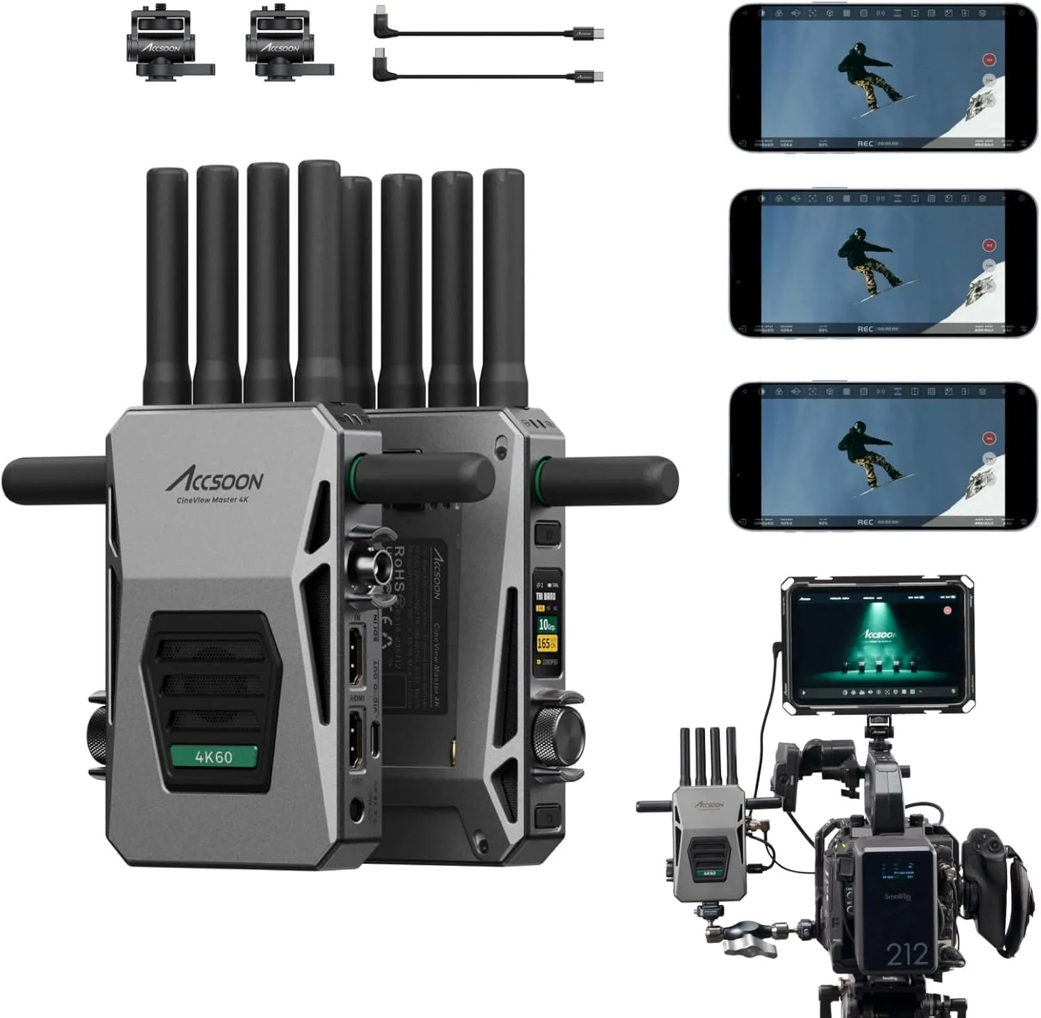 Accsoon CineView Master 4K Wireless Video Transmission System, 4K60/1080p60 HDMI Transmitter and Receiver, 2.4Ghz 5 6GHz Tri-Band, 25ms Latency 8202ft Range, 1 Wired iOS 4 Wireless Monitoring (TX RX)