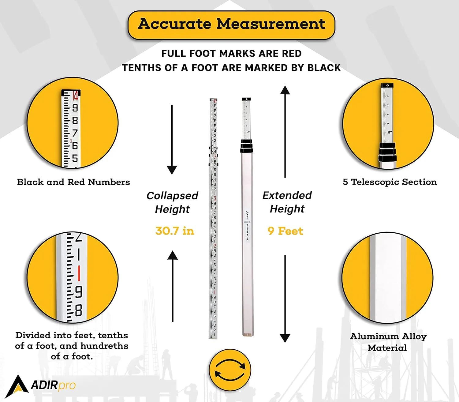 AdirPro 14-Foot Aluminum Grade Rod – 10ths, Dual Sided 4-Section Telescopic Leveling Rod – Bubble Level and Soft Carrying Case Included