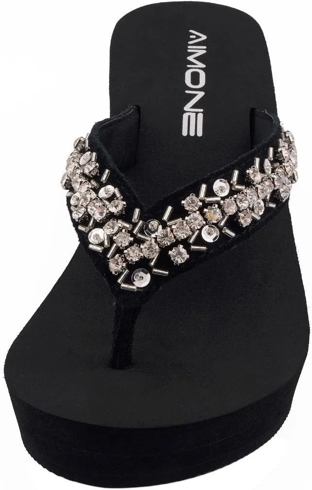 AIMONE-Appoline Wedge Flip Flop Sandals for Women Black Platform Sparkle Flip Flops Ladies Dressy Shoes