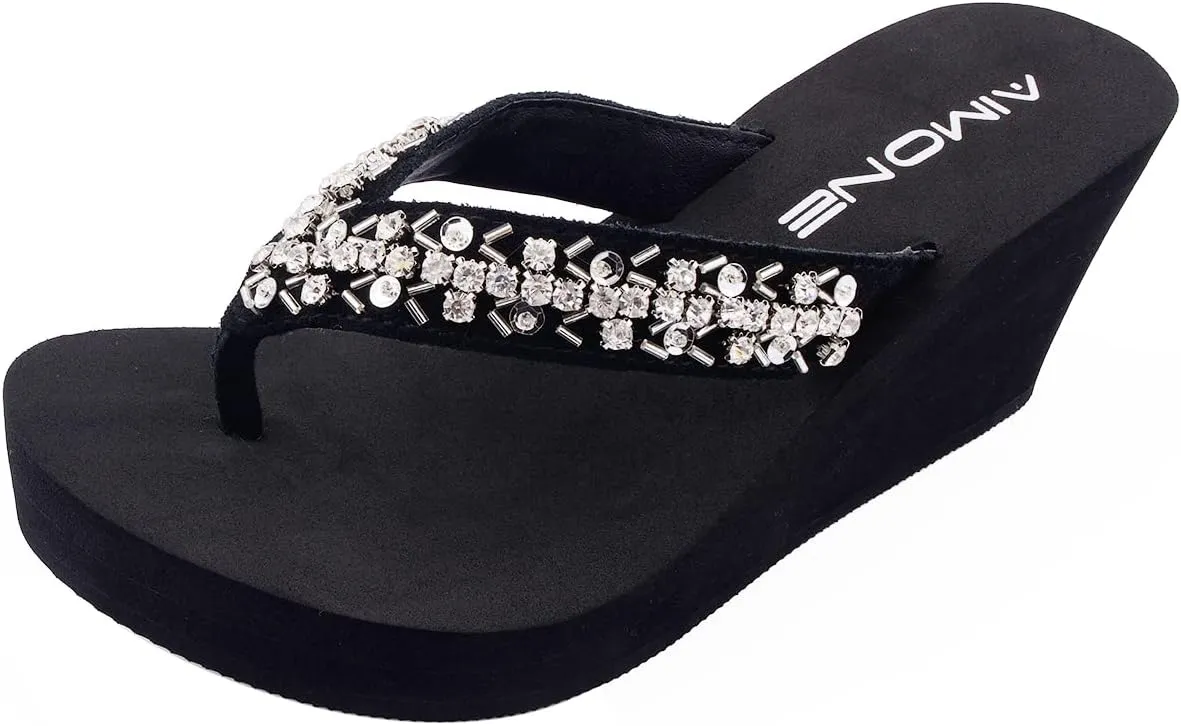 AIMONE-Appoline Wedge Flip Flop Sandals for Women Black Platform Sparkle Flip Flops Ladies Dressy Shoes