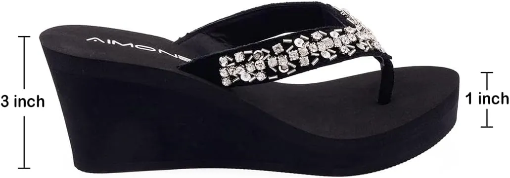 AIMONE-Appoline Wedge Flip Flop Sandals for Women Black Platform Sparkle Flip Flops Ladies Dressy Shoes