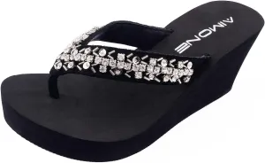 AIMONE-Appoline Wedge Flip Flop Sandals for Women Black Platform Sparkle Flip Flops Ladies Dressy Shoes