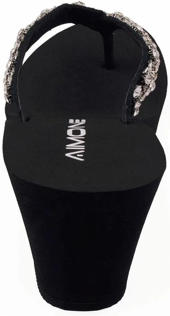 AIMONE-Appoline Wedge Flip Flop Sandals for Women Black Platform Sparkle Flip Flops Ladies Dressy Shoes
