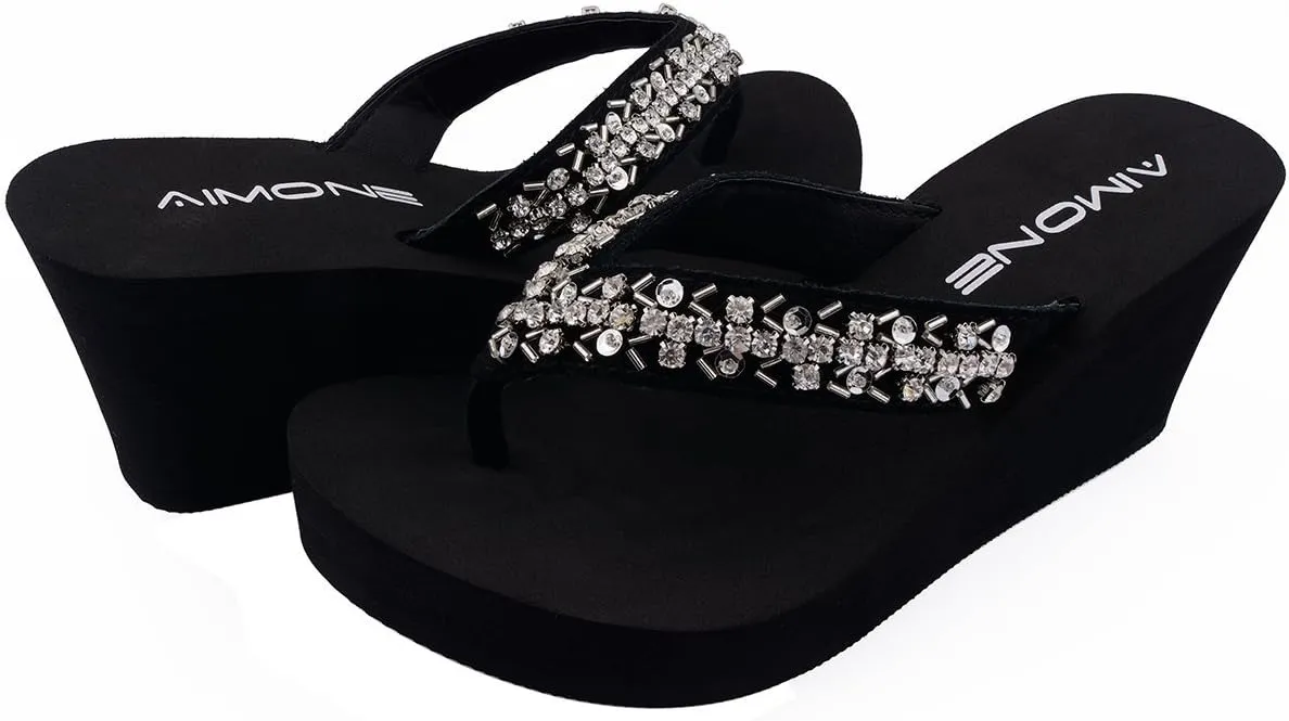 AIMONE-Appoline Wedge Flip Flop Sandals for Women Black Platform Sparkle Flip Flops Ladies Dressy Shoes
