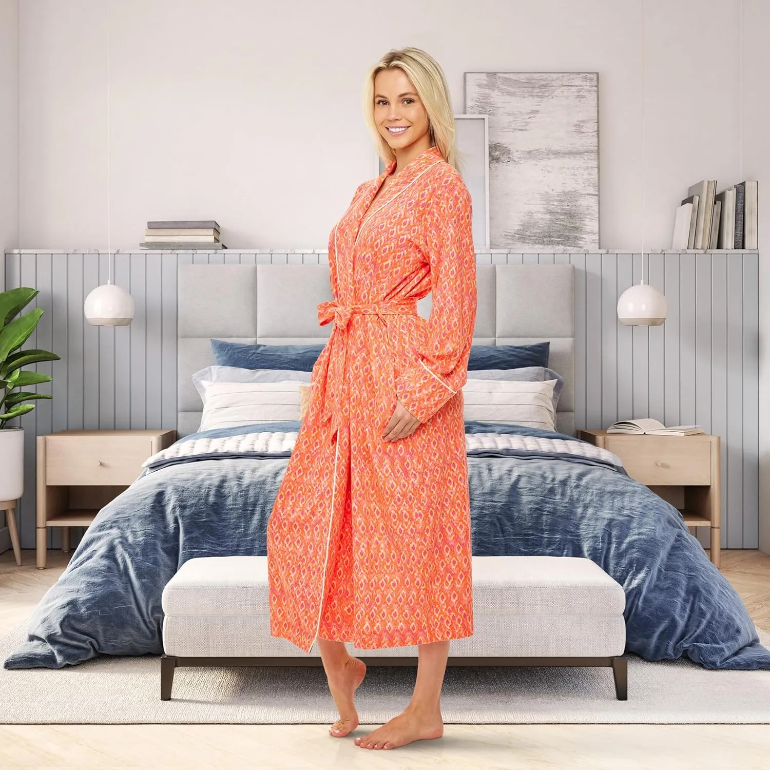 Alexander Del Rossa Womens Warm Soft Cotton Knit Jersey Lounge Robe with Pockets, Long Bathrobe
