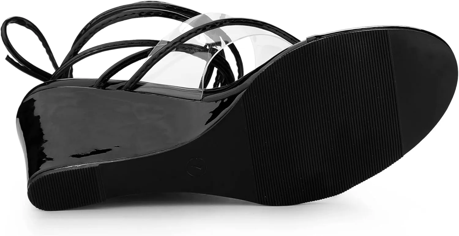 Allegra K Women's Lace Up Clear Strap Flip Flops Wedge Sandals