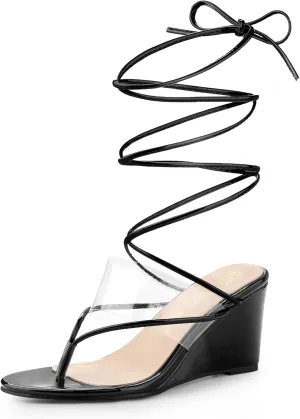 Allegra K Women's Lace Up Clear Strap Flip Flops Wedge Sandals