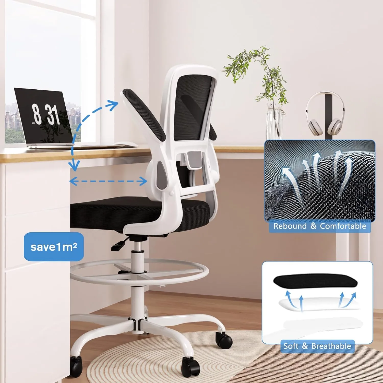 Alolo Drafting Chair,Big and Tall Office Chair with Foot Rest Ring,Executive Ergonomic Standing Desk Chair Comfy with Flip-up Armrests and Breathable Mesh Lumbar Support in Heavy Rolling Base,White