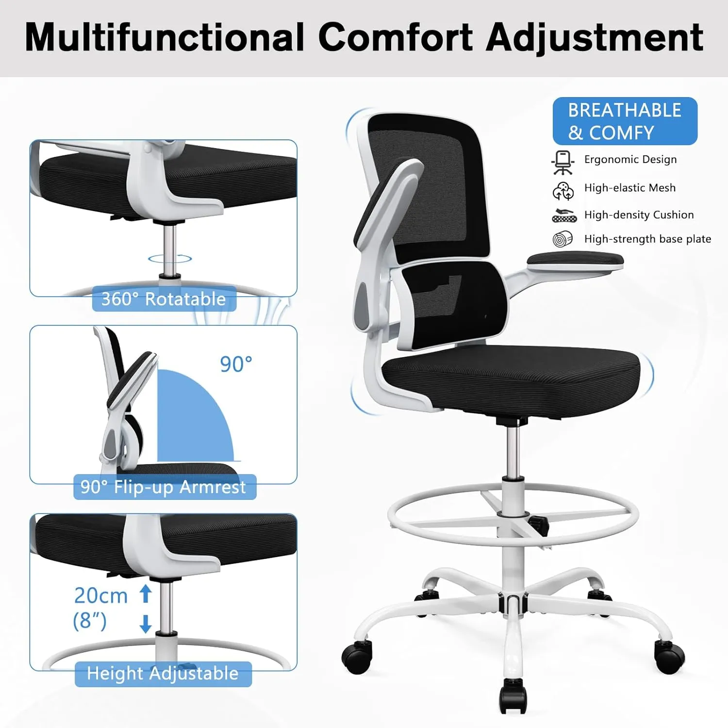 Alolo Drafting Chair,Big and Tall Office Chair with Foot Rest Ring,Executive Ergonomic Standing Desk Chair Comfy with Flip-up Armrests and Breathable Mesh Lumbar Support in Heavy Rolling Base,White