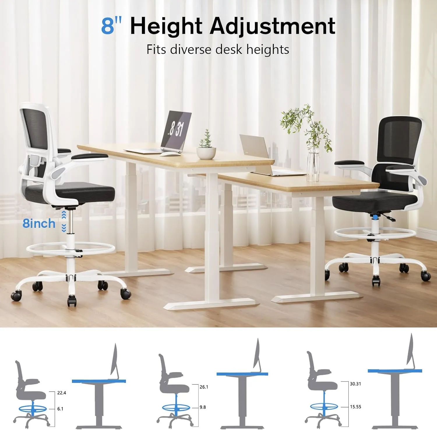 Alolo Drafting Chair,Big and Tall Office Chair with Foot Rest Ring,Executive Ergonomic Standing Desk Chair Comfy with Flip-up Armrests and Breathable Mesh Lumbar Support in Heavy Rolling Base,White