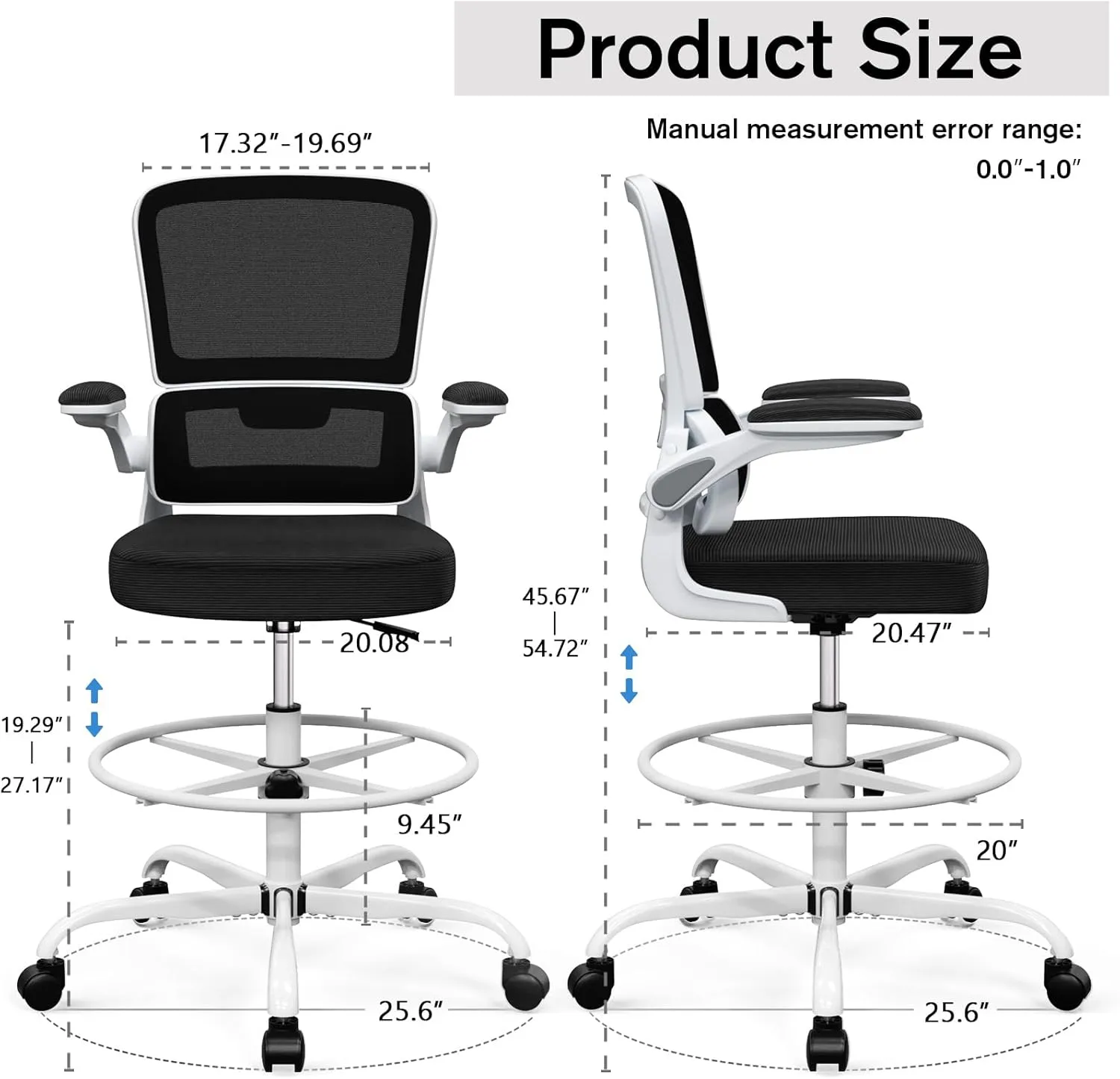 Alolo Drafting Chair,Big and Tall Office Chair with Foot Rest Ring,Executive Ergonomic Standing Desk Chair Comfy with Flip-up Armrests and Breathable Mesh Lumbar Support in Heavy Rolling Base,White