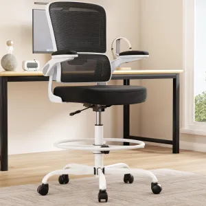 Alolo Drafting Chair,Big and Tall Office Chair with Foot Rest Ring,Executive Ergonomic Standing Desk Chair Comfy with Flip-up Armrests and Breathable Mesh Lumbar Support in Heavy Rolling Base,White