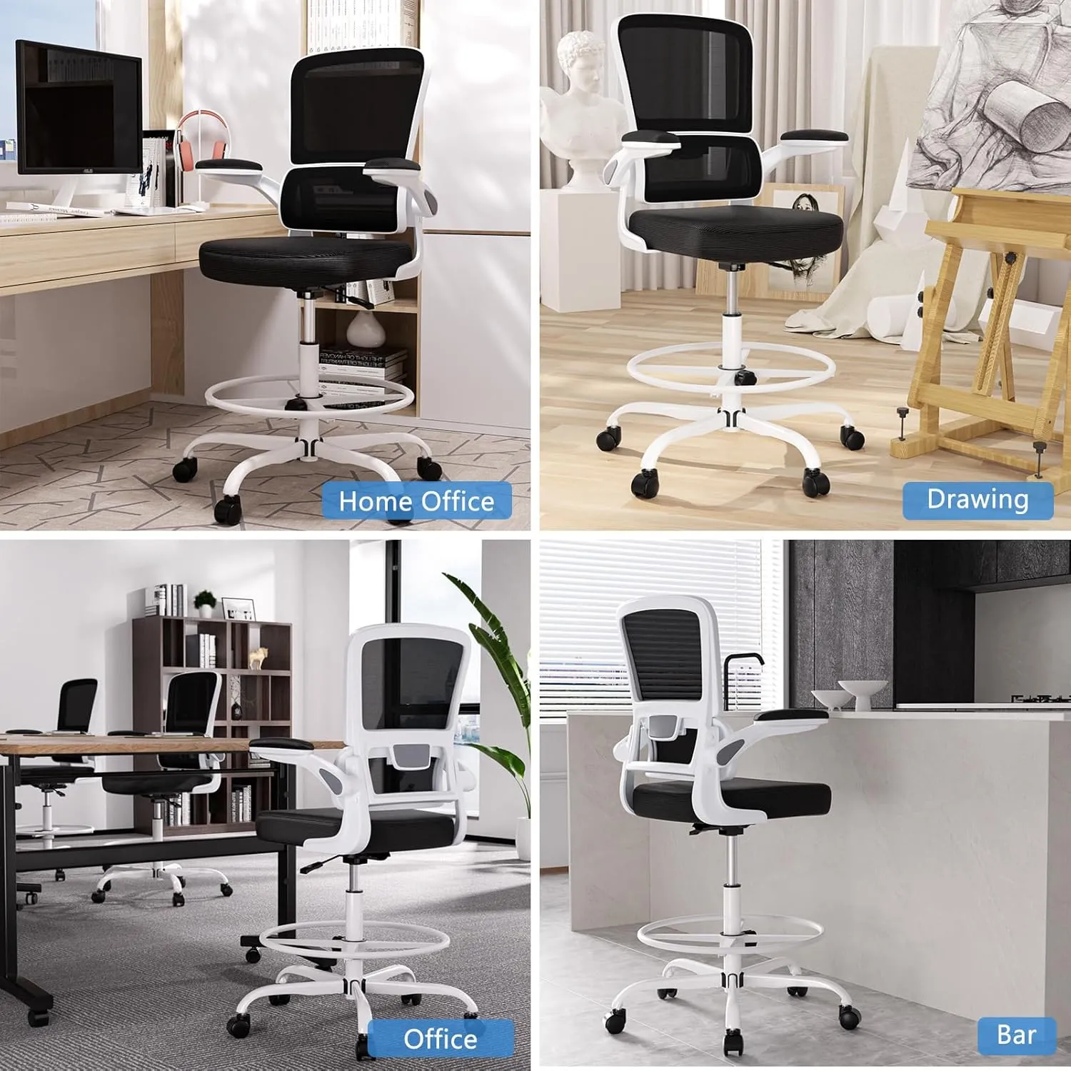 Alolo Drafting Chair,Big and Tall Office Chair with Foot Rest Ring,Executive Ergonomic Standing Desk Chair Comfy with Flip-up Armrests and Breathable Mesh Lumbar Support in Heavy Rolling Base,White
