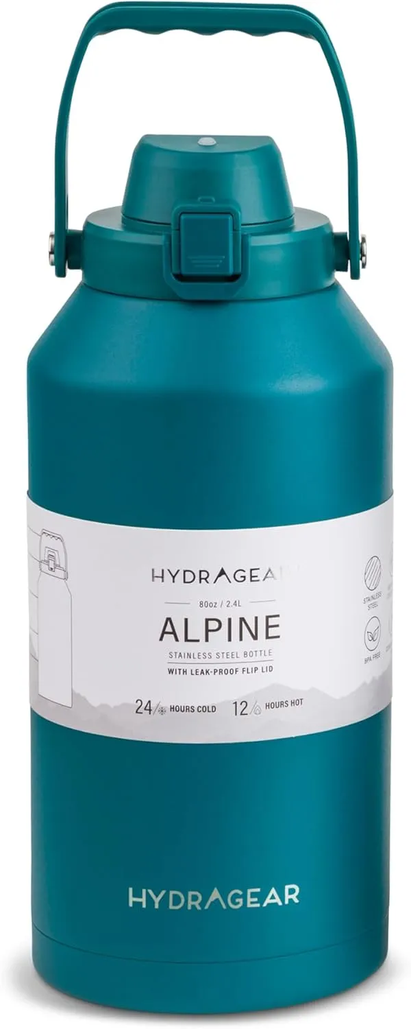 Alpine Insulated Stainless Steel Bottle with Leak-Proof Flip Lid - 80 Oz - Evergreen Powder Coat